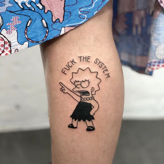 simpson black and white fuck the system outline tattoo idea design on leg