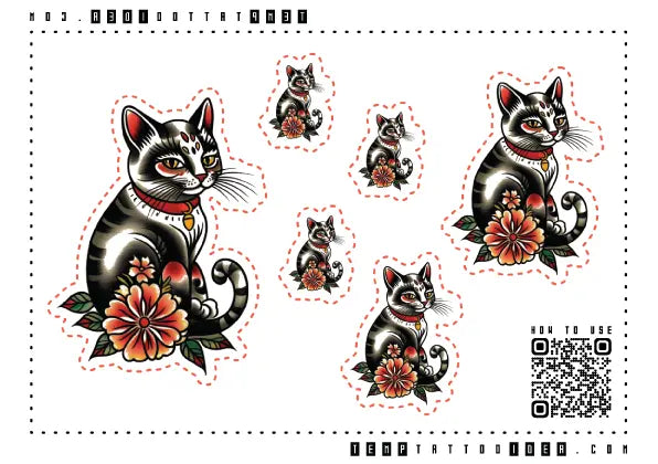 American Traditional Black Cat Multi-Size Temporary Tattoo Sticker