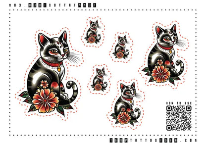 American Traditional Black Cat Multi-Size Temporary Tattoo Sticker