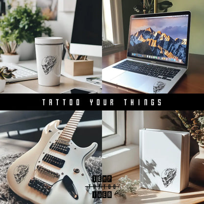 Biomechanical Skull Multi-Size Temporary Tattoo Sticker on tumbler water bottle, macbook laptop, electronic guitar, notebook