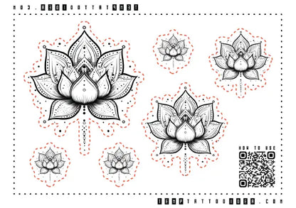 Black and White Mandala Lotus Flower Outline Multi-Size Temporary Tattoo Sticker