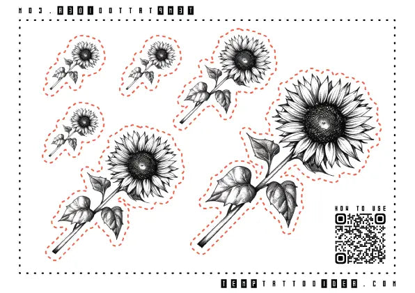 Black and White Sunflower Multi-Size Temporary Tattoo Sticker