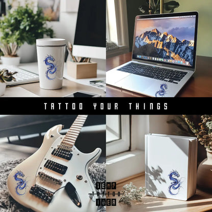 Blue Dragon Multi-Size Temporary Tattoo Sticker on tumbler water bottle, macbook laptop, electronic guitar, notebook