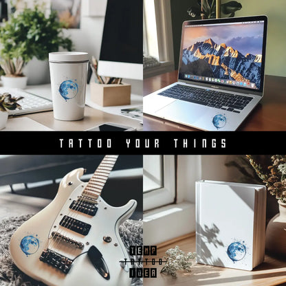 Blue Moon Multi-Size Temporary Tattoo Sticker on tumbler water bottle, macbook laptop, electronic guitar, notebook