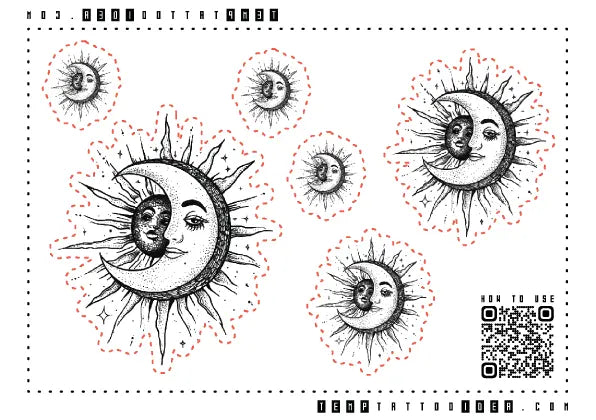 Bohemian Sun and Moon Multi-Size Temporary Tattoo Sticker