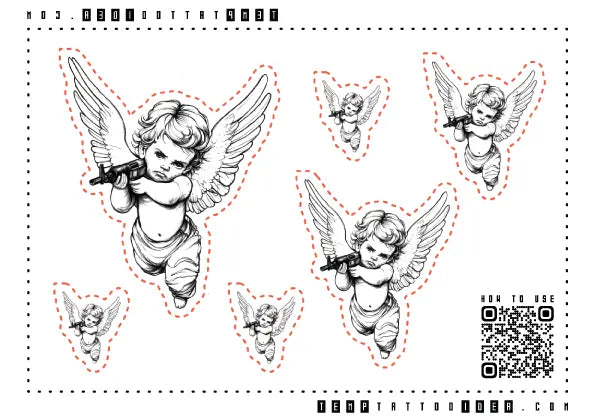 Cherub Angel Baby with AK47 Gun Multi-Size Temporary Tattoo Sticker