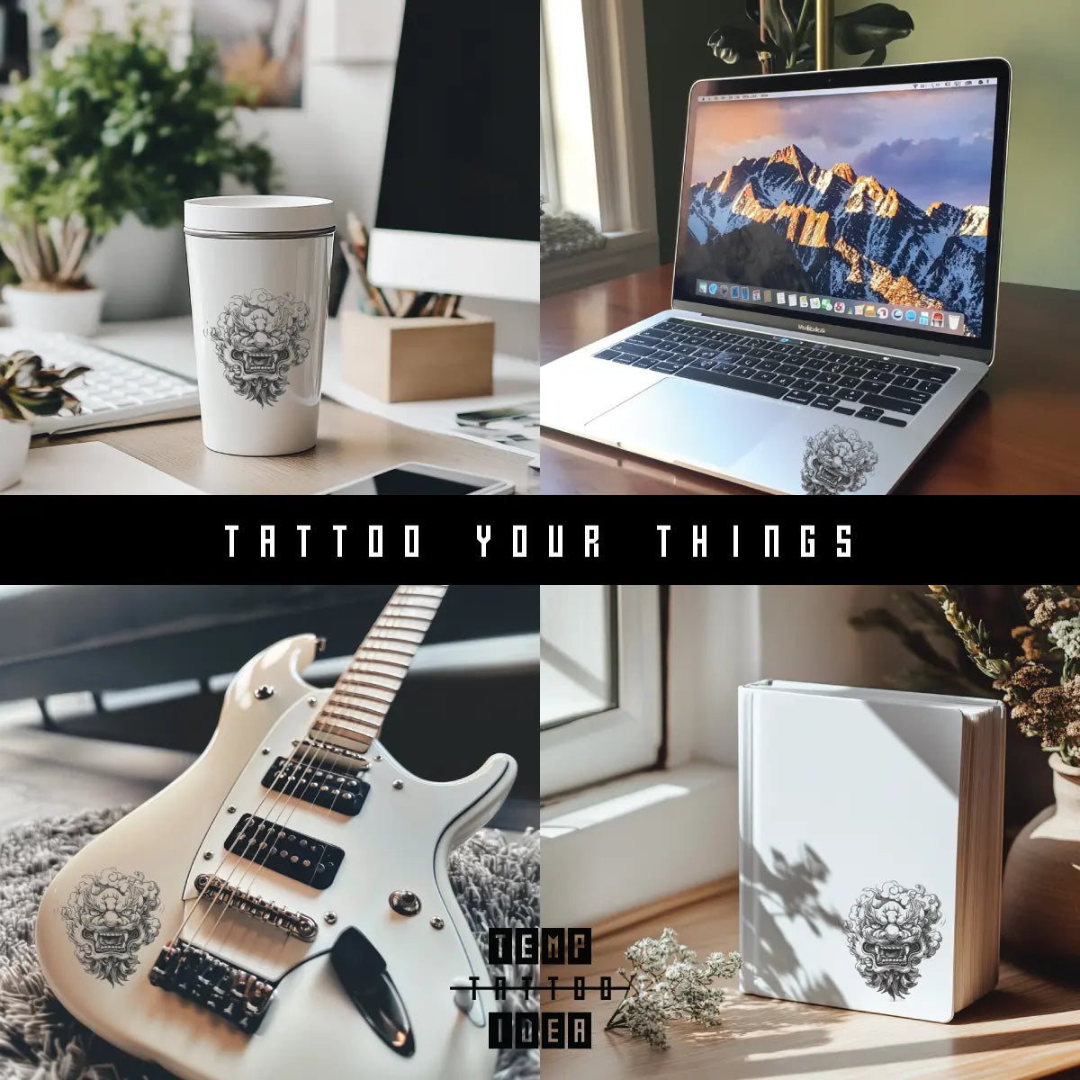 Chinese Lion Multi-Size Temporary Tattoo Sticker on tumbler water bottle, macbook laptop, electronic guitar, notebook