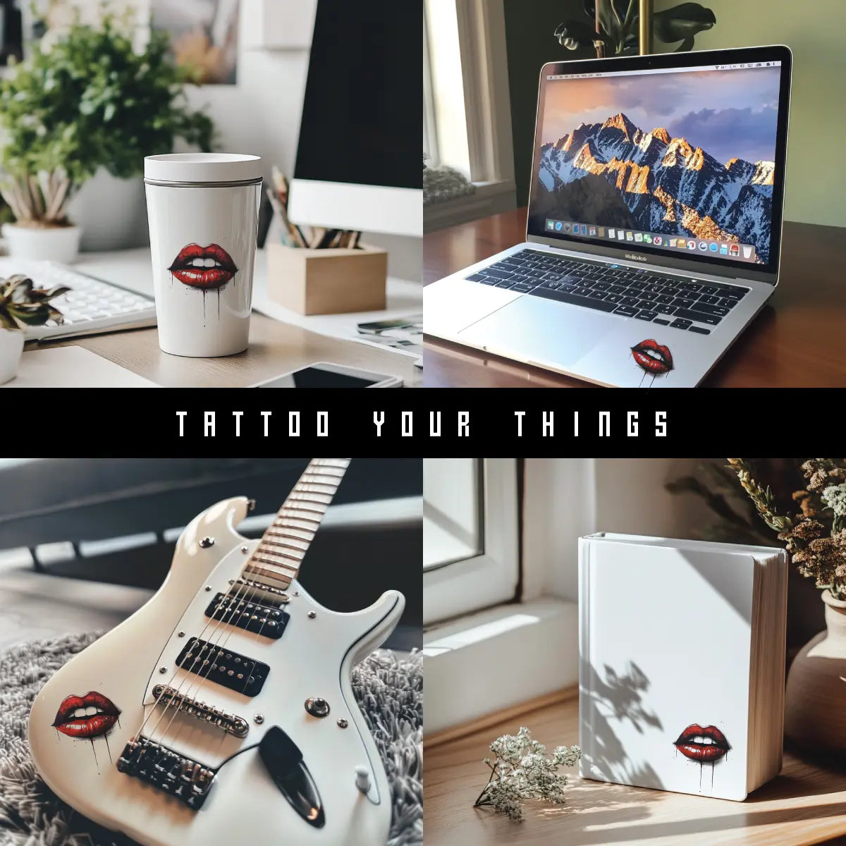 Creepy Red Lip Tattoo Sticker on tumbler laptop guitar notebook