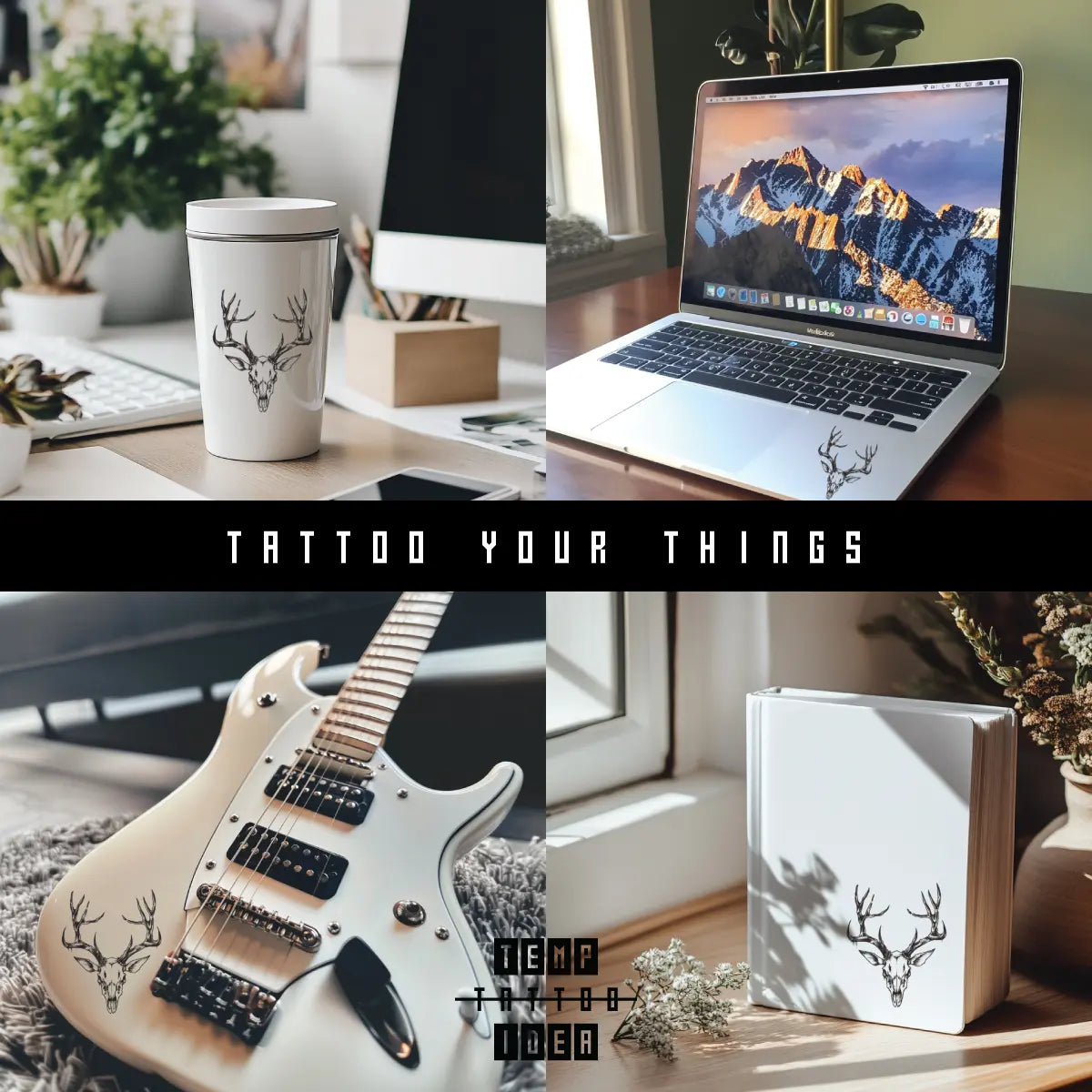 Deer Animal Skull Multi-Size Temporary Tattoo Sticker on tumbler water bottle, macbook laptop, electronic guitar, notebook