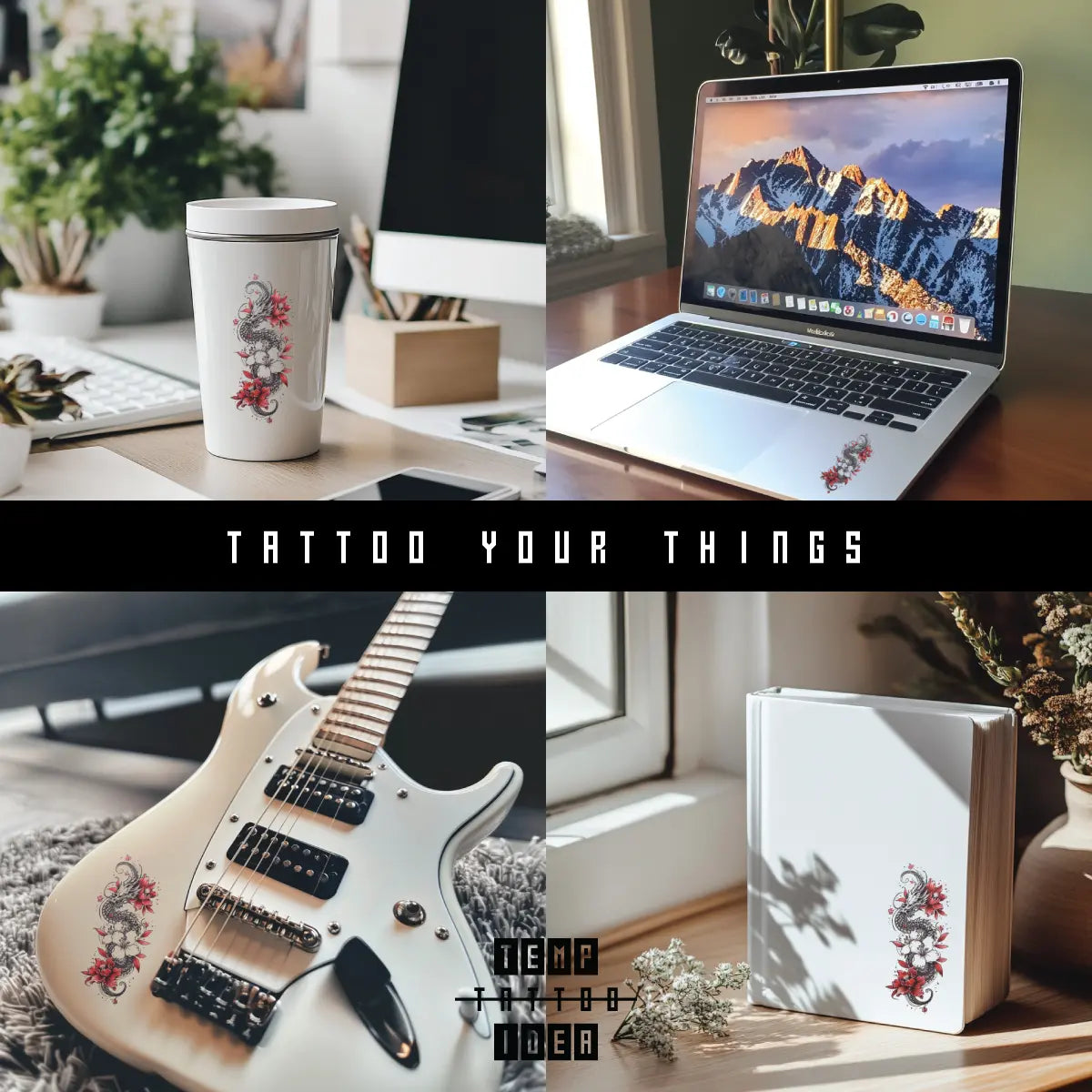 Dragon and Flower Multi-Size Temporary Tattoo Sticker on tumbler water bottle, macbook laptop, electronic guitar, notebook