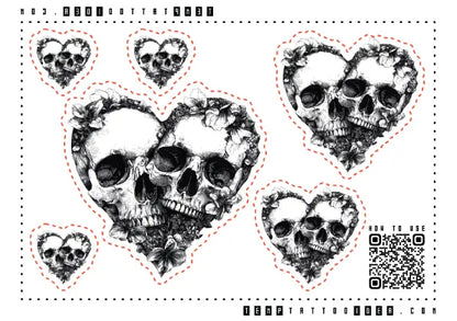 Floral Skull Couple Heart Multi-Size Temporary Tattoo Sticker