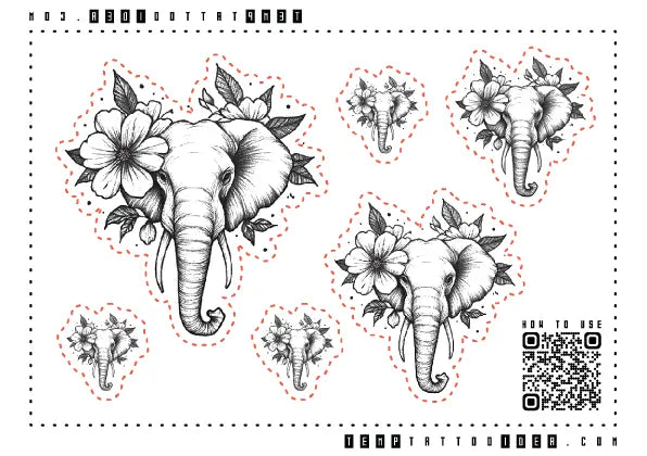 Flower Elephant Multi-Size Temporary Tattoo Sticker