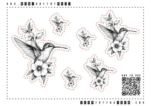 Flower Hummingbird Black and White Multi-Size Temporary Tattoo Sticker