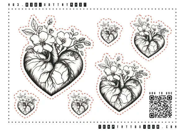 Flowers Anatomical Heart Multi-Size Temporary Tattoo Sticker