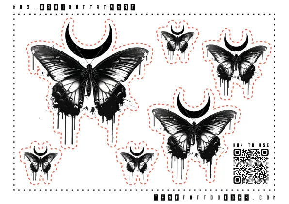 Gothic Butterfly Black and White Multi-Size Temporary Tattoo Sticker