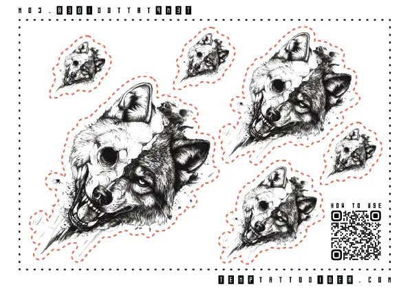 Half Skull Wolf Multi-Size Temporary Tattoo Sticker