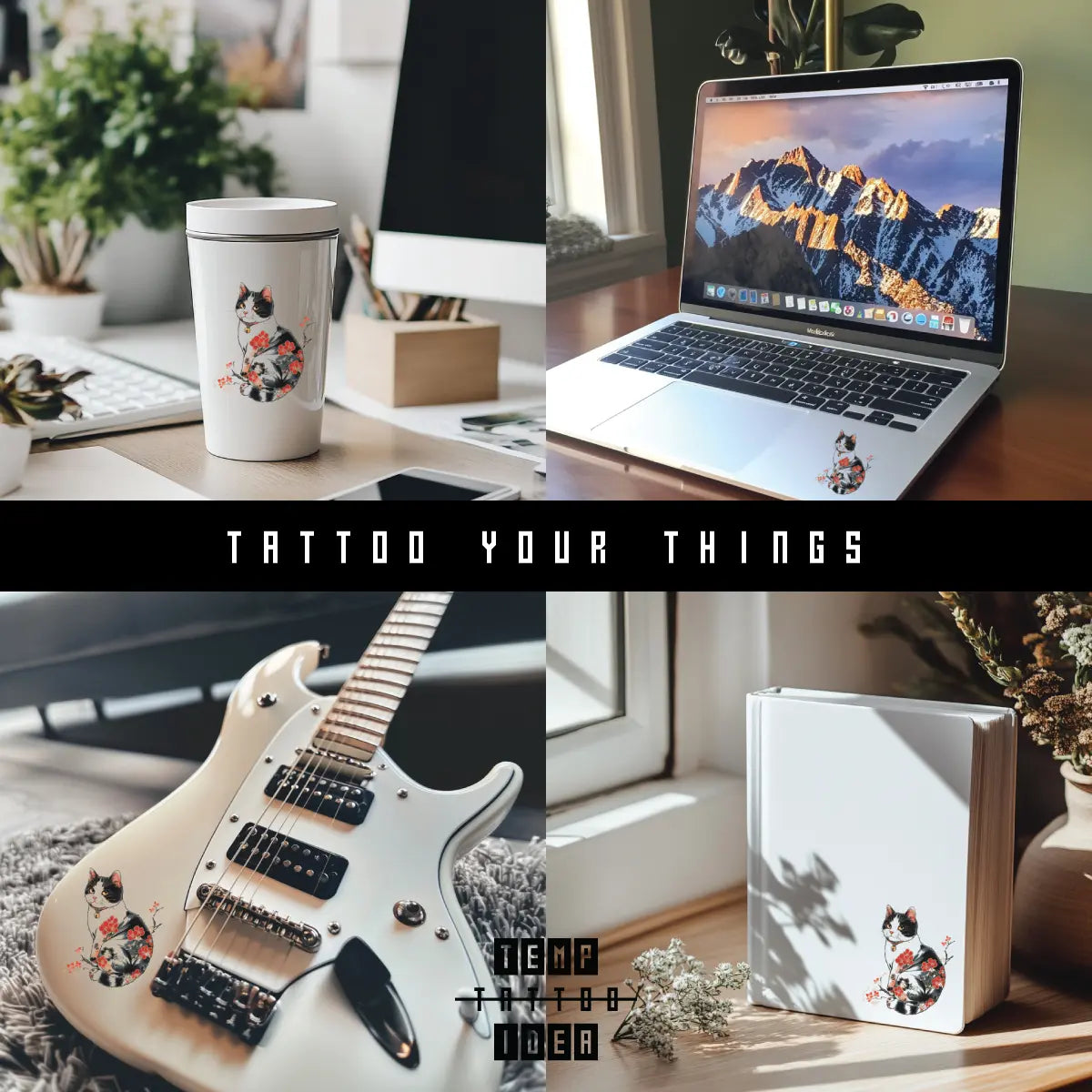 Japanese Cat Memorial Multi-Size Temporary Tattoo Sticker on tumbler water bottle, macbook laptop, electronic guitar, notebook