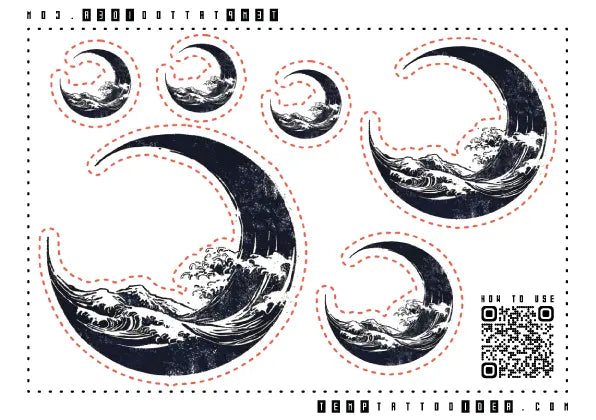 Japanese Great Wave Moon Multi-Size Temporary Tattoo Sticker