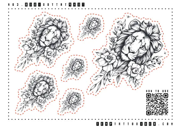 Lion Flowers Multi-Size Temporary Tattoo Sticker