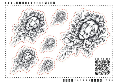 Lion Flowers Multi-Size Temporary Tattoo Sticker