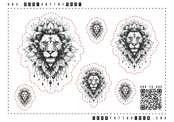 Lion Mandala Multi-Size Temporary Tattoo Sticker