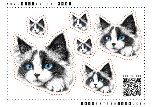 Pencil Sketch Ragdoll Cat Multi-Size Temporary Tattoo Sticker