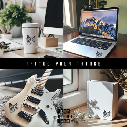 Pencil Sketch Ragdoll Cat Tattoo Sticker on tumbler water bottle, macbook laptop, electronic guitar, notebook