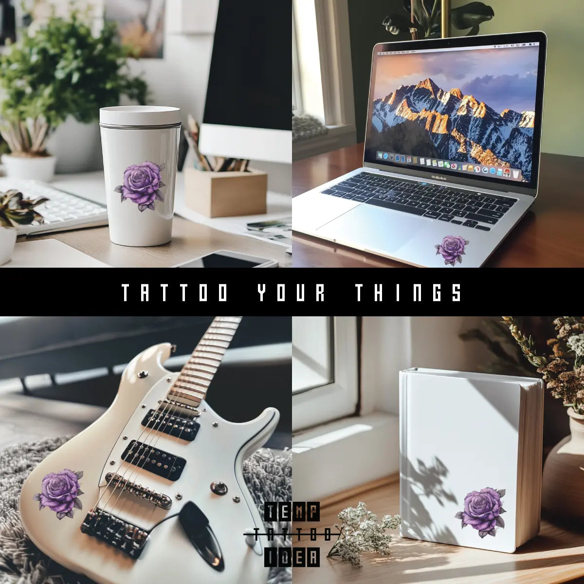 Purple Rose Multi-Size Temporary Tattoo Vinyl Sticker on tumbler water bottle, macbook laptop, electronic guitar, notebook