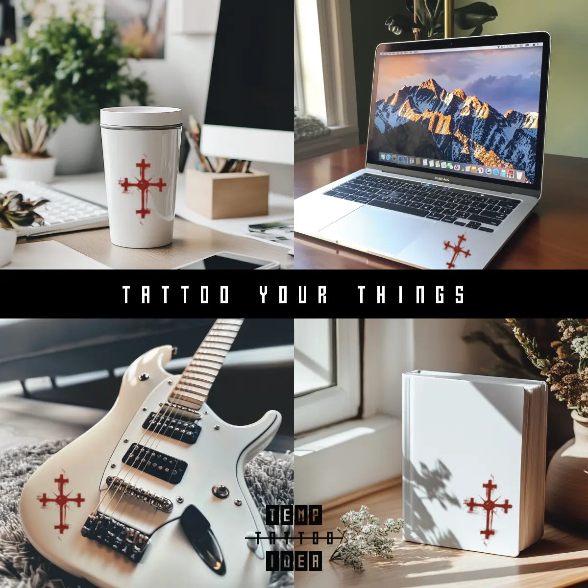 Red Cross Multi-Size Temporary Tattoo Sticker on tumbler water bottle, macbook laptop, electronic guitar, notebook