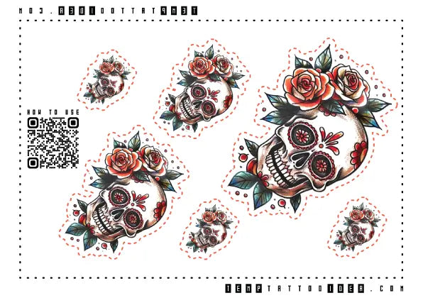 Sugar Skull Rose Flower Multi-Size Temporary Tattoo Sticker