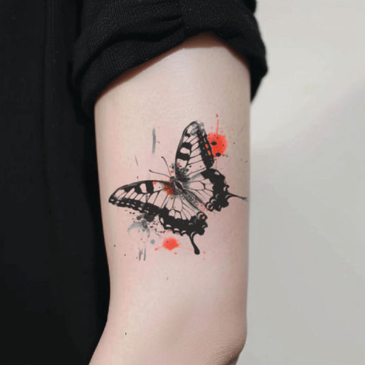 best cool simple small black grey color Trash Polka Butterfly fake realistic temporary tattoo sticker design idea drawing for men and women on bicep upper arm