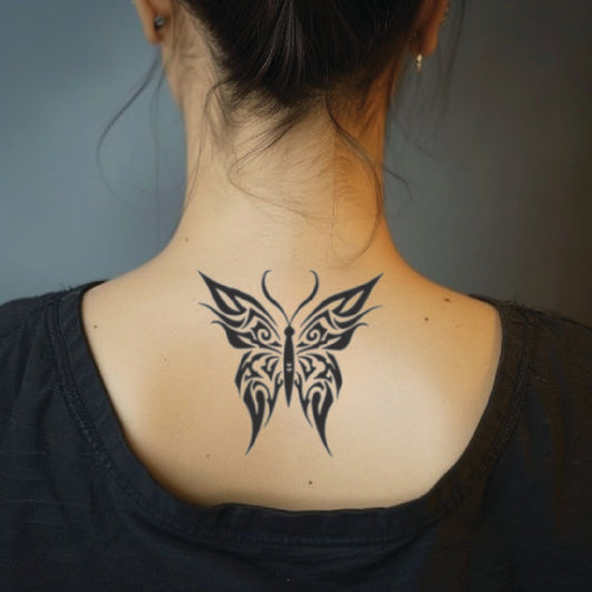 best cool simple small black grey color Tribal Butterfly fake realistic temporary tattoo sticker design idea drawing for men and women on neck back