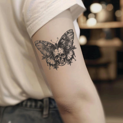 best cool simple small black grey color Skull Butterfly fake realistic temporary tattoo sticker design idea drawing for men and women on bicep upper arm