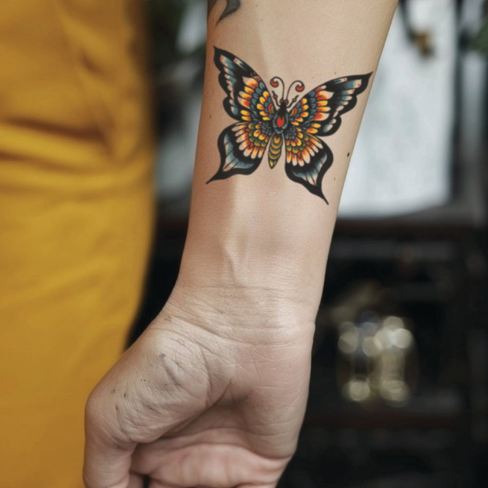 best cool simple small black grey color Traditional Butterfly fake realistic temporary tattoo sticker design idea drawing for men and women on wrist lower arm