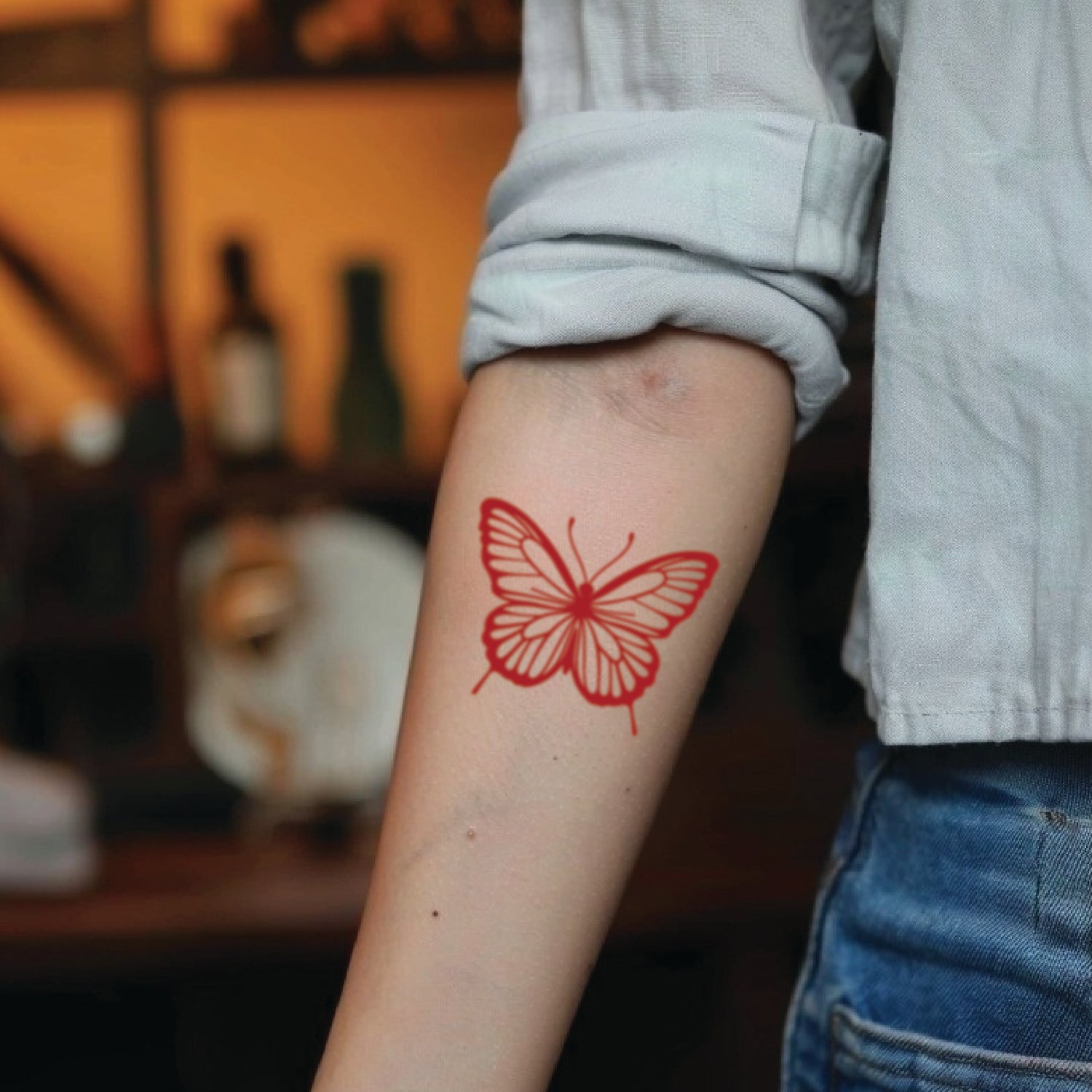 best cool simple small red color Butterfly fake realistic temporary tattoo sticker design idea drawing for men and women on forearm lower arm