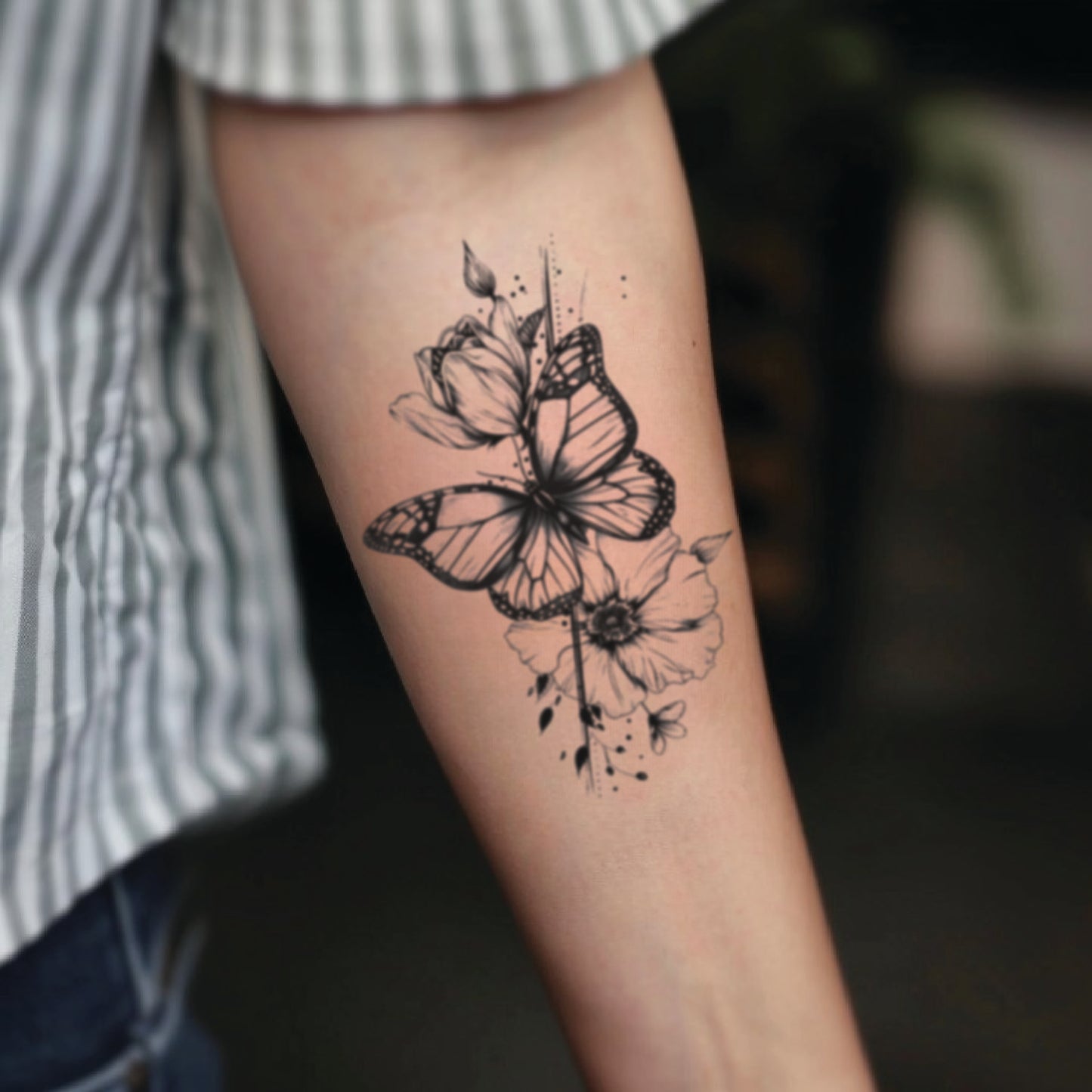 best cool simple small black grey color Floral Butterfly Flowers fake realistic temporary tattoo sticker design idea drawing for men and women on forearm lower arm