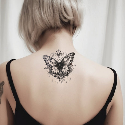 best cool simple small black grey color Butterfly Mandala fake realistic temporary tattoo sticker design idea drawing for men and women on neck back