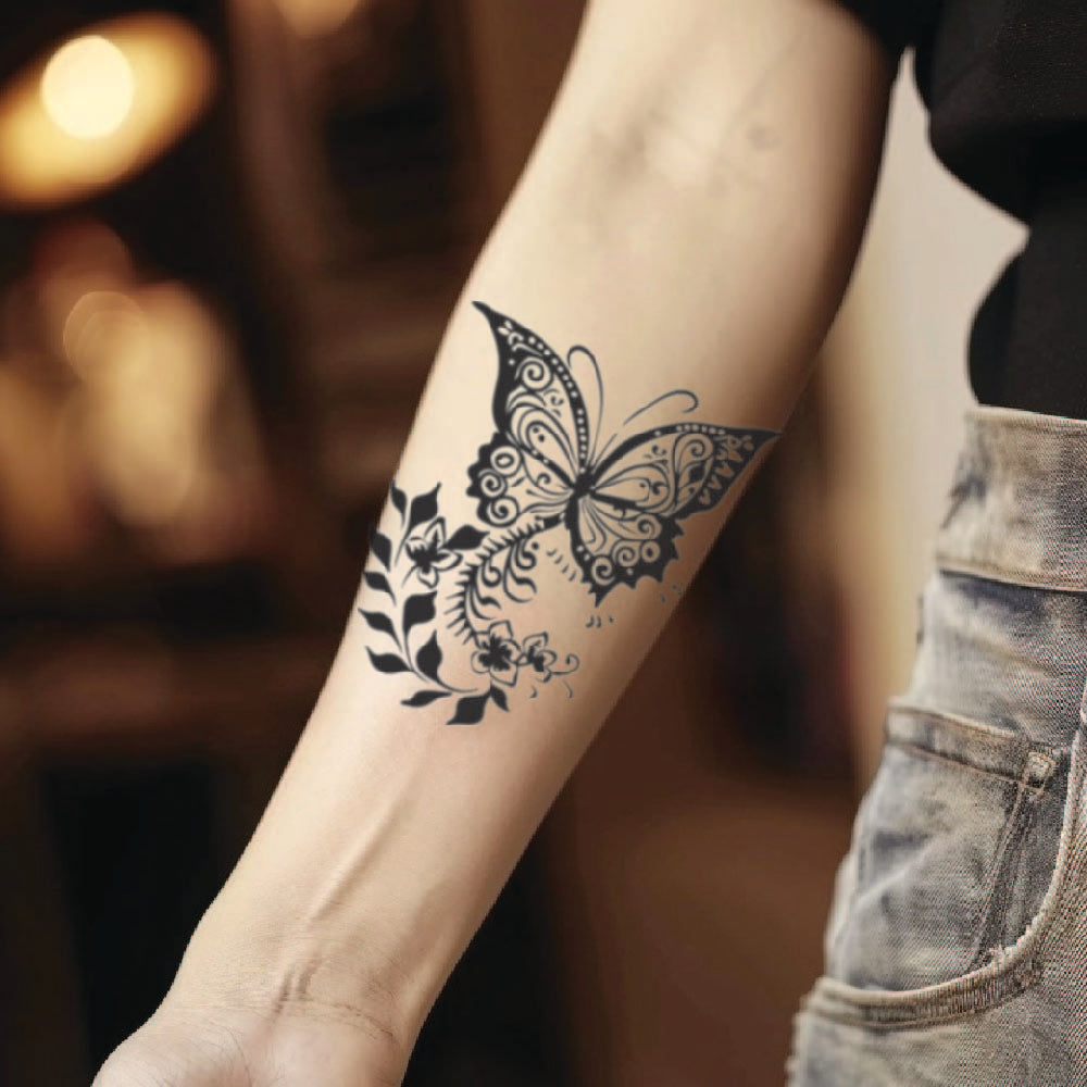 best cool simple small black grey color Butterfly Henna fake realistic temporary tattoo sticker design idea drawing for men and women on forearm lower arm