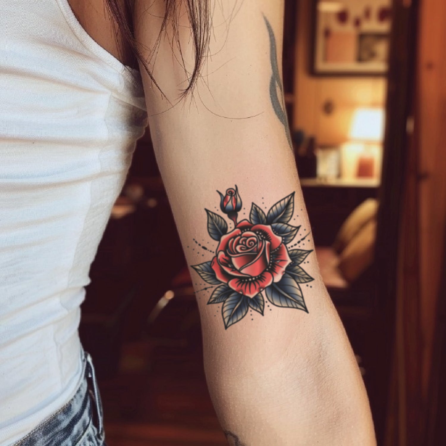 best cool simple small black color Traditional Rose Flower floral fake realistic temporary tattoo sticker design idea drawing for men and women on bicep upper inner arm