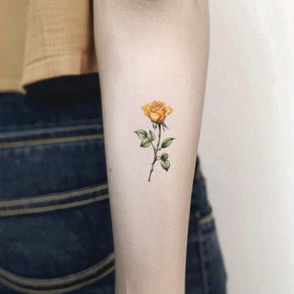 best cool simple small yellow color Rose flower floral fake realistic temporary tattoo sticker design idea drawing for men and women on forearm lower arm