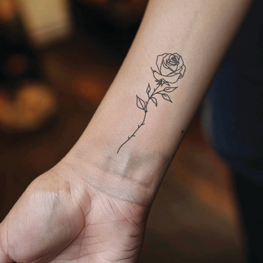 best cool simple small black color fine line rose outline fake realistic temporary tattoo sticker design idea drawing for men and women on wrist lower arm forearm