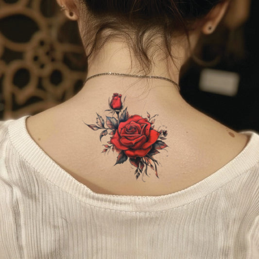best cool simple small black red color rose flowers floral symbolism fake realistic temporary tattoo sticker design idea drawing for men and women on neck back