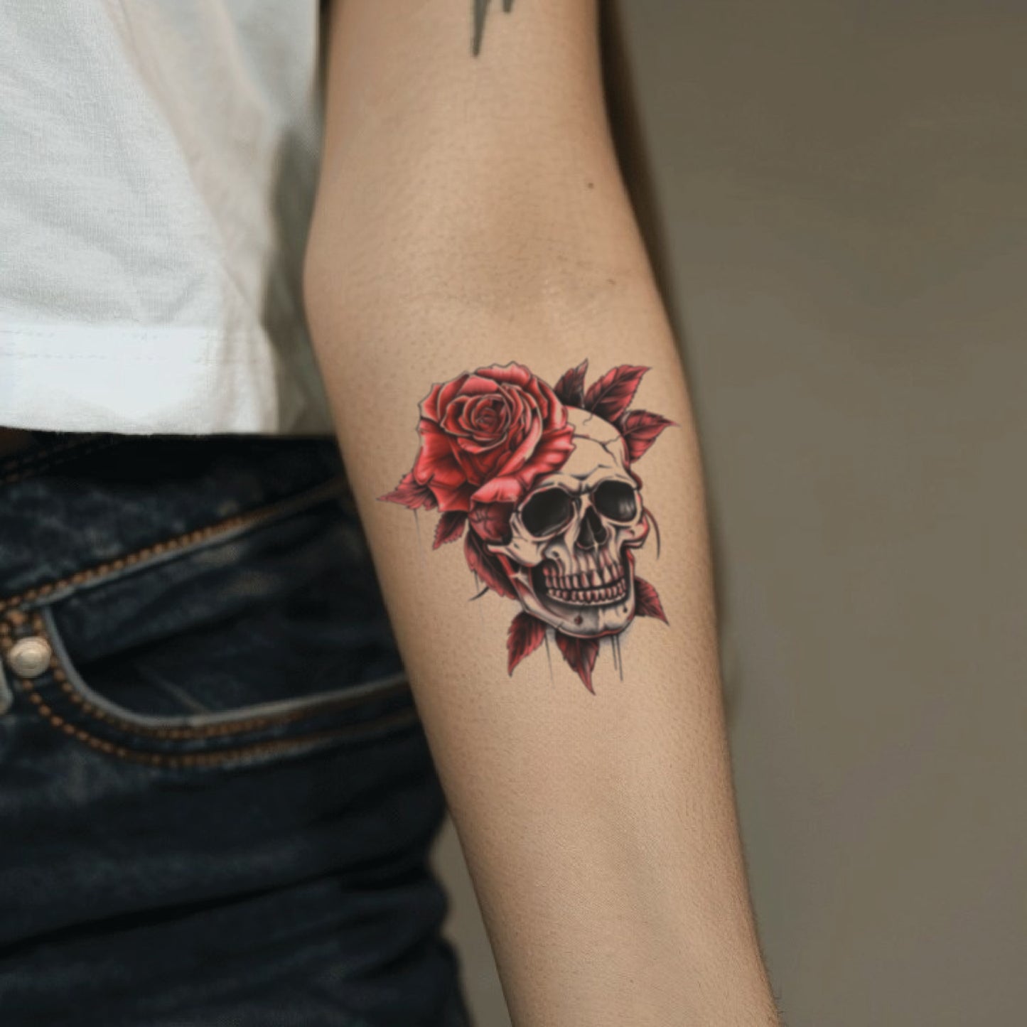 best cool simple small black red color rose skull floral fake realistic temporary tattoo sticker design idea drawing for men and women on forearm lower inner arm