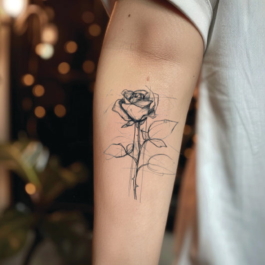 best cool simple small black grey color rose sketch flower floral fake realistic temporary tattoo sticker design idea drawing for men and women on forearm lower arm