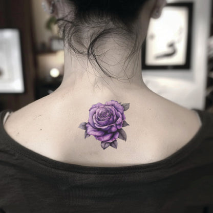 best cool simple small purple color rose flower floral fake realistic temporary tattoo sticker design idea drawing for men and women on neck back