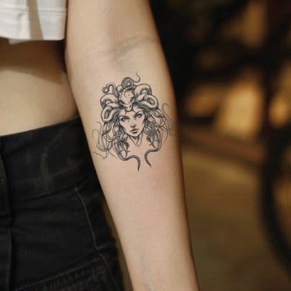 best cool simple small black grey color medusa outline fake realistic temporary tattoo sticker design idea drawing for men and women on forearm lower inner arm