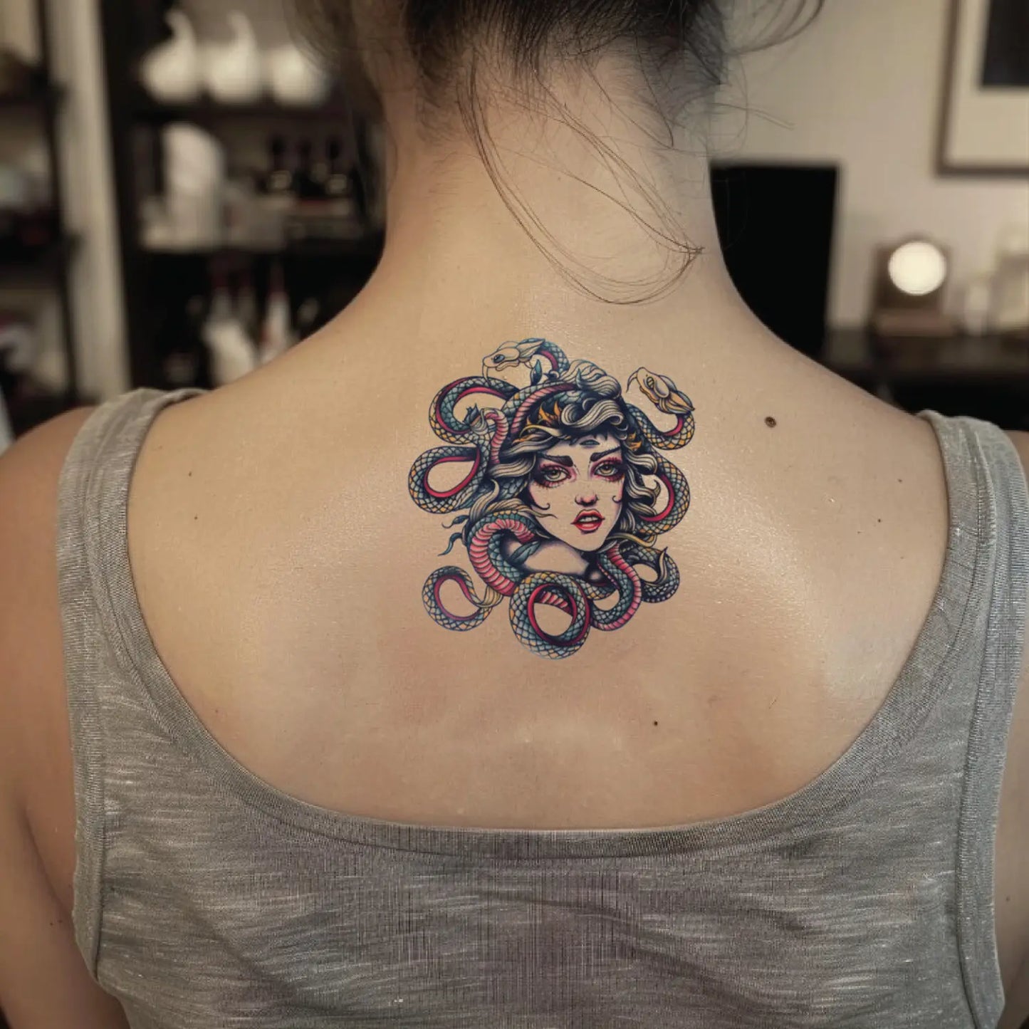 best cool simple small color traditional medusa fake realistic temporary tattoo sticker design idea drawing for men and women on neck back