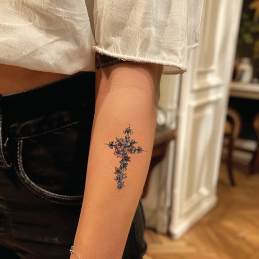 best cool simple small black grey color floral cross flower fake realistic temporary tattoo sticker design idea drawing for men and women on forearm lower arm
