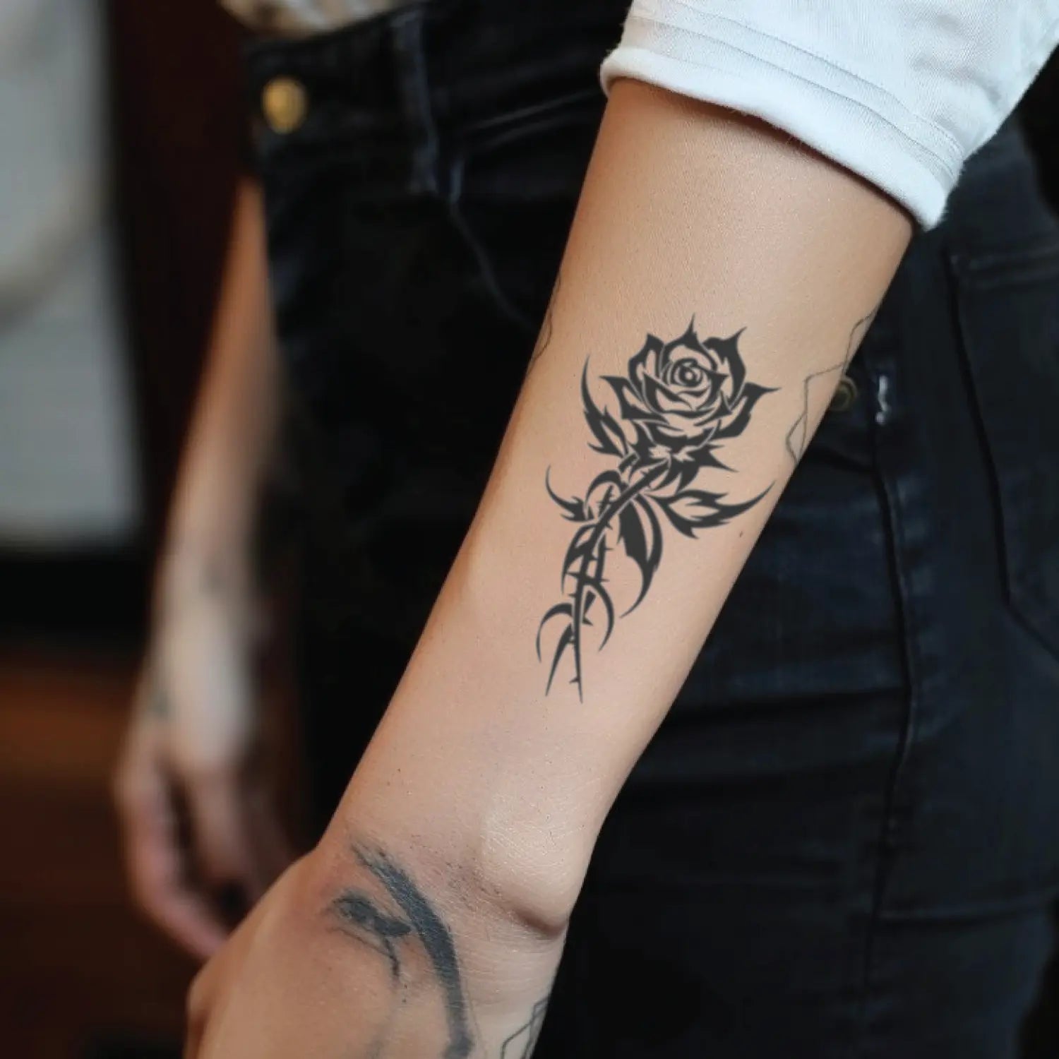 best cool simple small black grey color floral tribal rose flower fake realistic temporary tattoo sticker design idea drawing for men and women on forearm lower arm