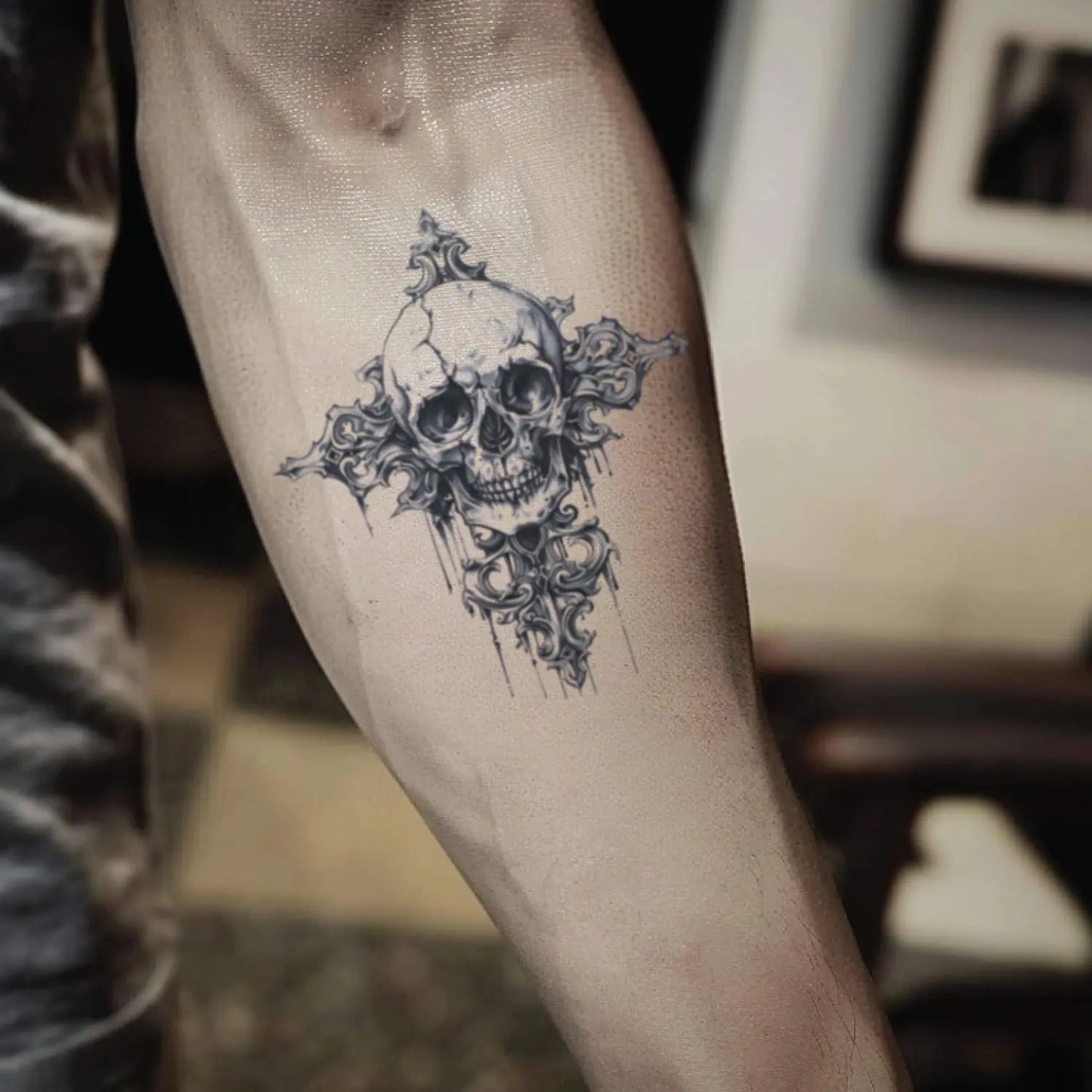 best cool simple small black grey color skull death cross fake realistic temporary tattoo sticker design idea drawing for men and women on forearm lower inner arm